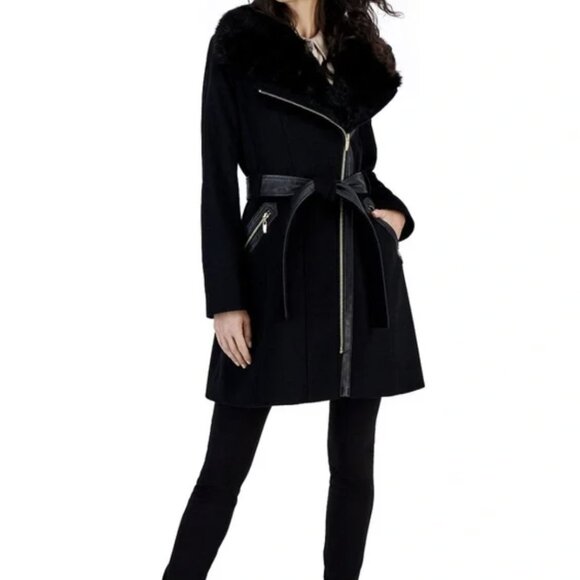 Via Spiga Jackets & Blazers - Via Spiga black belted Faux leather and fur trimmed wool blend winter coat